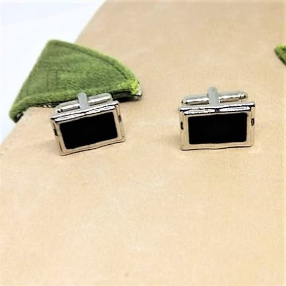 Stainless Steel Framed Black Rectangular Cuff Link - Picture 2 of 7
